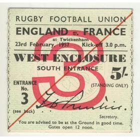 ENGLAND V FRANCE 1957 RUGBY TICKET
