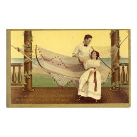 HAMMOCK ROMANCE WITH WOMAN HOLDING TENNIS RACQUET