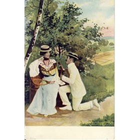 MAN ON ONE KNEE COURTING WOMAN SITTING ON BENCH