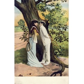 TENNIS COUPLE COURTING UNDER A TREE WITH RACQUETS IN HAND
