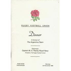 ENGLAND V ARGENTINA 1990 RUGBY MENU