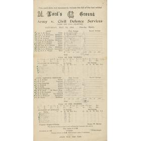 ARMY V CIVIL DEFENCE SERVICES 1944 CRICKET SCORECARD