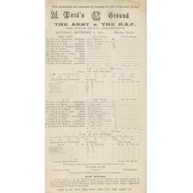 THE ARMY V THE R.A.F. 1942 CRICKET SCORECARD