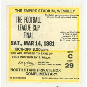 LIVERPOOL V WEST HAM 1981 LEAGUE CUP FINAL FOOTBALL TICKET