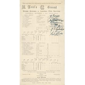 CROSS ARROWS V LONDON FIRE SERVICE 1941 CRICKET SCORECARD (FULLY SIGNED BY CROSS ARROWS)