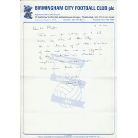 TERRY COOPER HANDWRITTEN LETTER - RELATING TO BIRMINGHAM CITY AND EXETER CITY