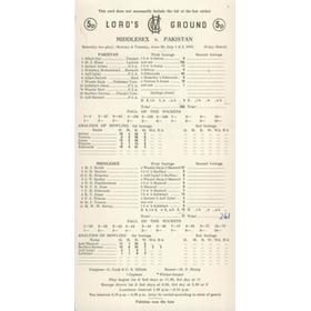 MIDDLESEX V PAKISTAN 1974 CRICKET SCORECARD