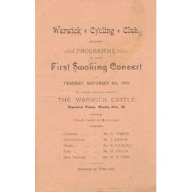 WARWICK CYCLING CLUB (MAIDA VALE) 1892 - PROGRAMME OF FIRST SMOKING CONCERT