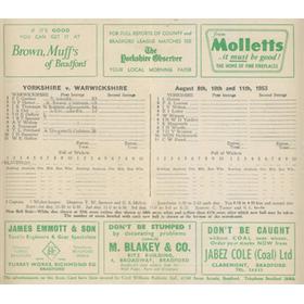 YORKSHIRE V WARWICKSHIRE 1953 CRICKET SCORECARD
