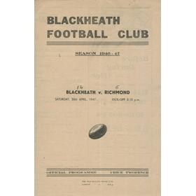 BLACKHEATH V RICHMOND 1947 RUGBY PROGRAMME