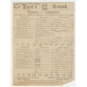 OXFORD UNIVERSITY V CAMBRIDGE UNIVERSITY 1892 CRICKET SCORECARD