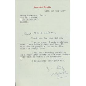 DUKE OF NORFOLK 1957 SIGNED CRICKET LETTER