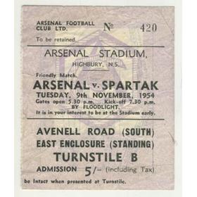 ARSENAL V SPARTAK MOSCOW 1954 FOOTBALL TICKET