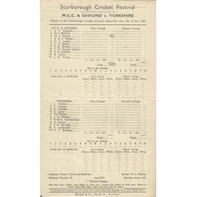 YORKSHIRE V M.C.C. & GROUND 1950 CRICKET SCORECARD - SCARBOROUGH FESTIVAL