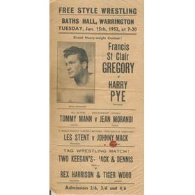 WRESTLING POSTER 1952 - BATHS HALL, WARRINGTON