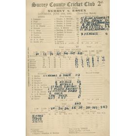SURREY V ESSEX 1932 CRICKET SCORECARD (HOBBS 2 CENTURIES)