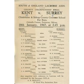 KENT V SURREY (COUNTY CHAMPIONSHIP FINAL) 1947 LACROSSE PROGRAMME