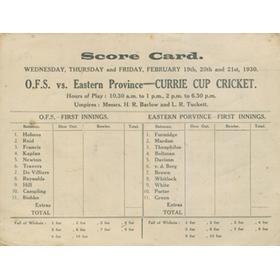 ORANGE FREE STATE V EASTERN PROVINCE 1930 CRICKET SCORECARD