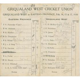 GRIQUALAND WEST V EASTERN PROVINCE 1930 CRICKET SCORECARD - BALASKAS 11 WICKETS AND A CENTURY
