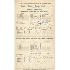SURREY V LANCASHIRE 1963 CRICKET SCORECARD - SIGNED BY STATHAM