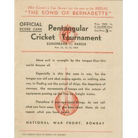 EUROPEANS V PARSIS 1944 (BOMBAY PENTANGULAR) CRICKET SCORECARD