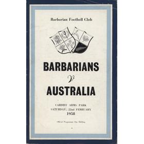 BARBARIANS V AUSTRALIA 1958 RUGBY PROGRAMME
