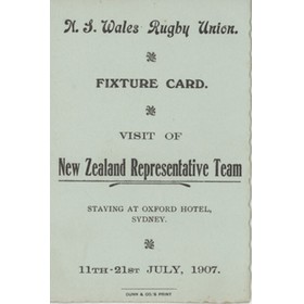 NEW ZEALAND RUGBY TOUR TO NEW SOUTH WALES 1907 FIXTURE CARD