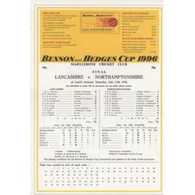 LANCASHIRE V NORTHAMPTONSHIRE 1996 (BENSON AND HEDGES FINAL) CRICKET SCORECARD