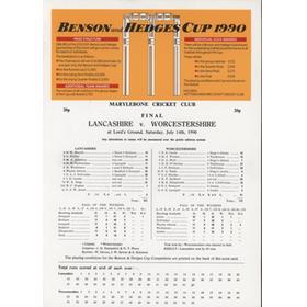 LANCASHIRE V WORCESTERSHIRE 1990 (BENSON AND HEDGES FINAL) CRICKET SCORECARD