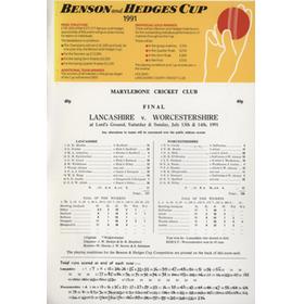 LANCASHIRE V WORCESTERSHIRE 1991 (BENSON AND HEDGES FINAL) CRICKET SCORECARD