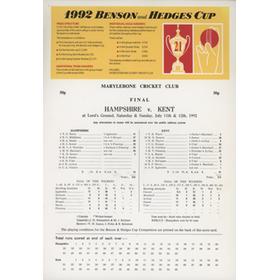 HAMPSHIRE V KENT 1992 (BENSON AND HEDGES FINAL) CRICKET SCORECARD