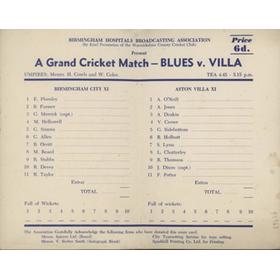 BIRMINGHAM CITY V ASTON VILLA (EDBASTON) 1958 CRICKET SCORECARD