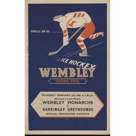 WEMBLEY MONARCHS V HARRINGAY GREYHOUNDS 1947-48 ICE HOCKEY PROGRAMME