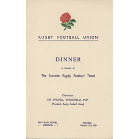 ENGLAND V SCOTLAND 1951 RUGBY DINNER MENU