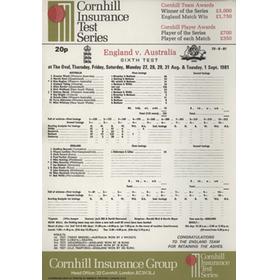 ENGLAND V AUSTRALIA 1981 (OVAL) CRICKET SCORECARD - ENGLAND RETAIN THE ASHES