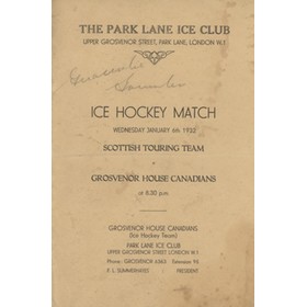 SCOTTISH TOURING TEAM V GROSVENOR HOUSE CANADIANS 1932 ICE HOCKEY PROGRAMME