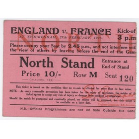 ENGLAND V FRANCE 1926 RUGBY UNION TICKET