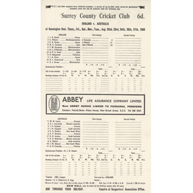 ENGLAND V AUSTRALIA 1968 (OVAL) CRICKET SCORECARD - AUSTRALIA RETAIN ASHES
