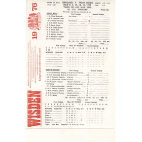 ENGLAND V WEST INDIES 1976 (OLD TRAFFORD) CRICKET SCORECARD