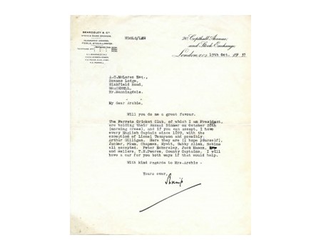 HDG LEVESON-GOWER (SURREY & ENGLAND) 1937 CRICKET LETTER - TO ARCHIE MACLAREN