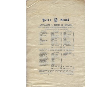 AUSTRALIANS V ELEVEN OF ENGLAND 1886 CRICKET SILK SCORECARD