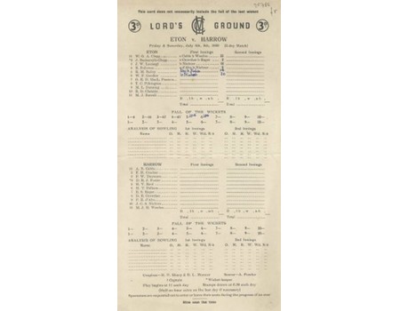 ETON V HARROW 1958 CRICKET SCORECARD