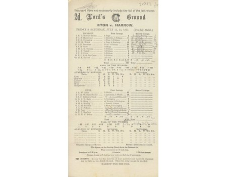 ETON V HARROW 1930 CRICKET SCORECARD