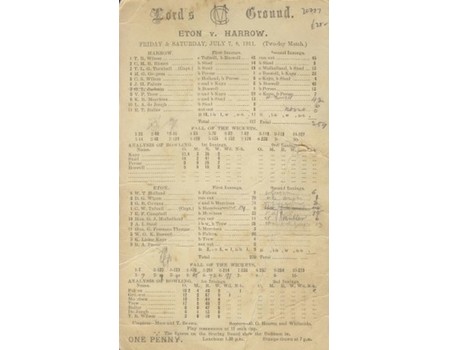 ETON V HARROW 1911 CRICKET SCORECARD
