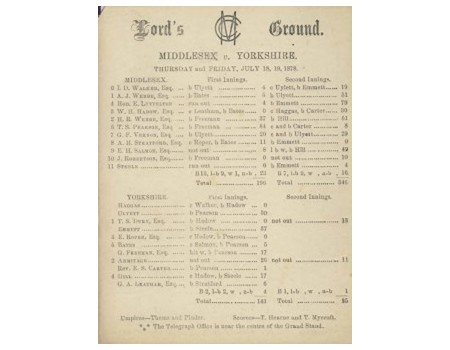 MIDDLESEX V YORKSHIRE 1878 CRICKET SCORECARD