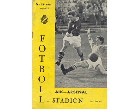 A.I.K. STOCKHOLM V ARSENAL 1957 (FRIENDLY) FOOTBALL PROGRAMME
