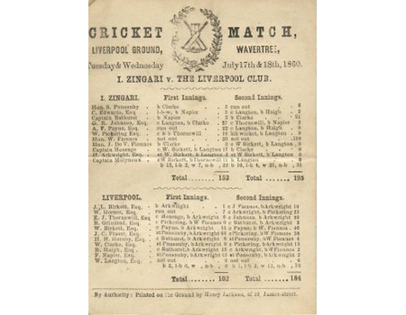 I ZINGARI V THE LIVERPOOL CLUB 1860 CRICKET SCORECARD