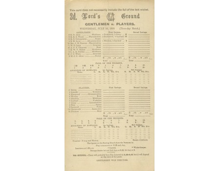 GENTLEMEN V PLAYERS 1930 CRICKET SCORECARD