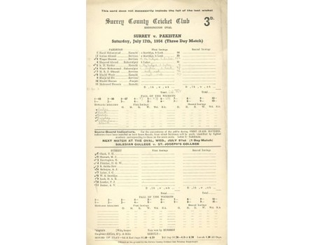 SURREY V PAKISTAN 1954 CRICKET SCORECARD