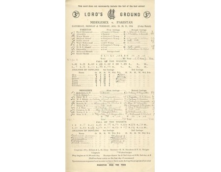MIDDLESEX V PAKISTAN 1954 CRICKET SCORECARD